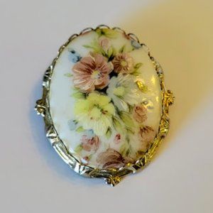 Vintage Gold Tone Hand-Painted Floral Brooch 2"